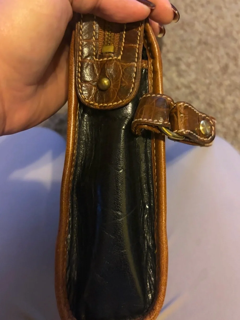 Brahmin Brown Croc-Embossed Leather Crossbody with Black Panel